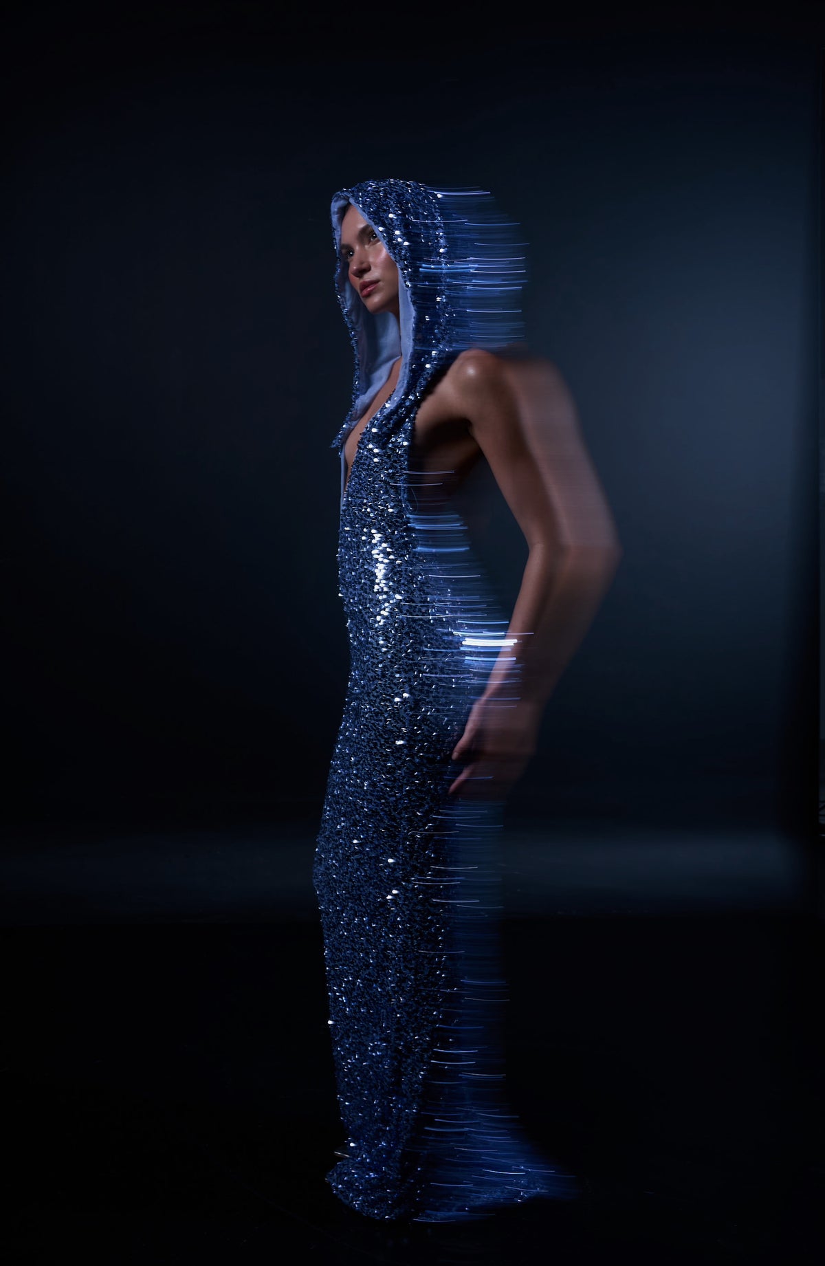 HOODED SEQUIN GOWN